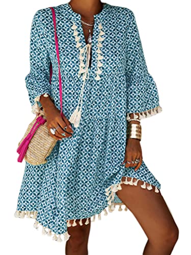 Minetom Damen Kleider Strandkleid Boho Tunika Sommerkleid V-Ausschnitt Blumenkleid Lose A-Linie 3/4-Arm Tunika Mini Kleider A Blau S von Minetom