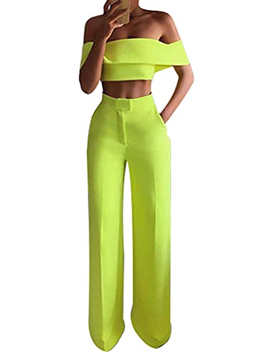 Minetom Damen Kleidung Set Schulterfrei Crop Shirt und Hose High Waist Weites Bein Gerade Outfit 2 Stück A Grün XS von Minetom
