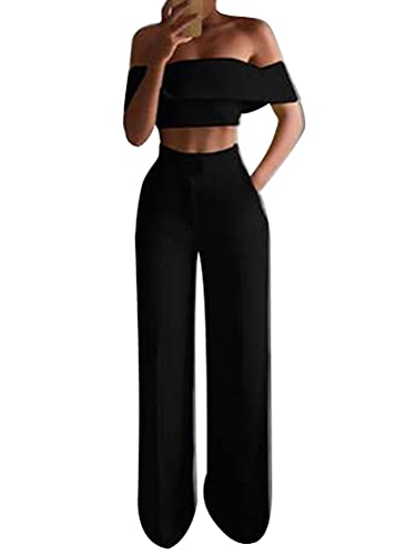 Minetom Damen Kleidung Set Schulterfrei Crop Shirt und Hose High Waist Weites Bein Gerade Outfit 2 Stück A Schwarz M von Minetom