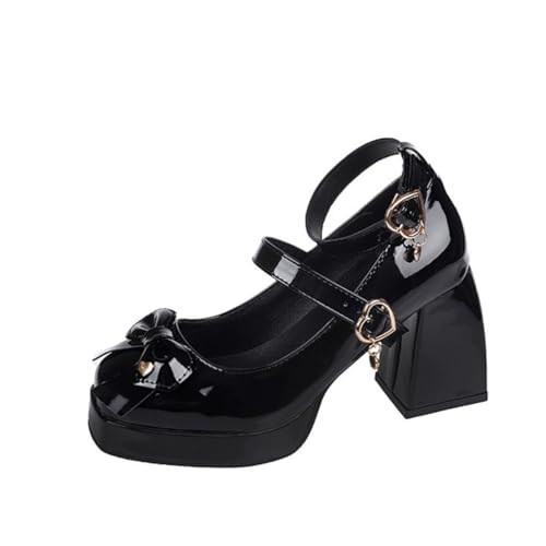 Minetom Damen Klobige Plattform Mary Jane Retro Blockabsatz High Heels Pumps Lackleder Plateauschuhe Party Chunky Schuhe A Schwarz 43 EU von Minetom