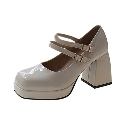 Minetom Damen Klobige Plattform Mary Jane Retro Blockabsatz High Heels Pumps Lackleder Plateauschuhe Party Chunky Schuhe B Beige 39 EU von Minetom