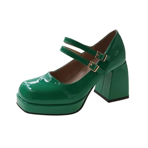 Minetom Damen Klobige Plattform Mary Jane Retro Blockabsatz High Heels Pumps Lackleder Plateauschuhe Party Chunky Schuhe B Grün 40 EU von Minetom