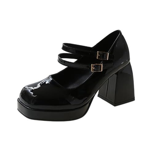 Minetom Damen Klobige Plattform Mary Jane Retro Blockabsatz High Heels Pumps Lackleder Plateauschuhe Party Chunky Schuhe B Schwarz 43 EU von Minetom