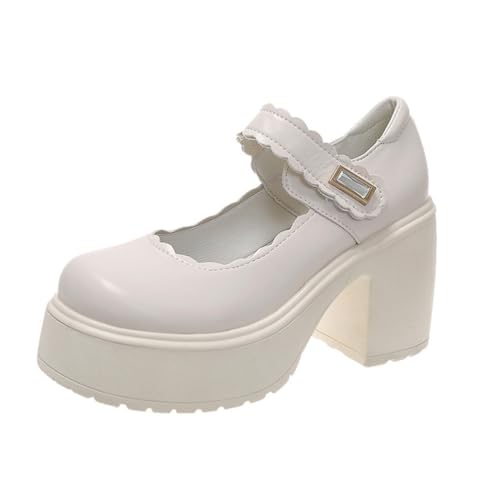 Minetom Damen Klobige Plattform Mary Jane Retro Blockabsatz High Heels Pumps Lackleder Plateauschuhe Party Chunky Schuhe D Beige 41 EU von Minetom