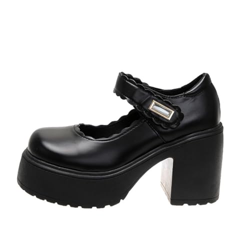 Minetom Damen Klobige Plattform Mary Jane Retro Blockabsatz High Heels Pumps Lackleder Plateauschuhe Party Chunky Schuhe D Schwarz Matt 37 EU von Minetom