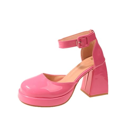 Minetom Damen Klobige Plattform Mary Jane Retro Blockabsatz High Heels Pumps Lackleder Plateauschuhe Party Chunky Schuhe E Rose 39 EU von Minetom