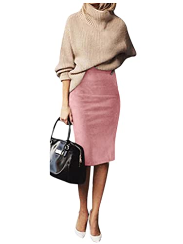 Minetom Damen Knielang Rock Hohe Taille Stretch Bodycon Partyrock Elegant Herbst Winter Wildleder Skirt Bleistiftrock Freizeitrock Midirock Rosa M von Minetom