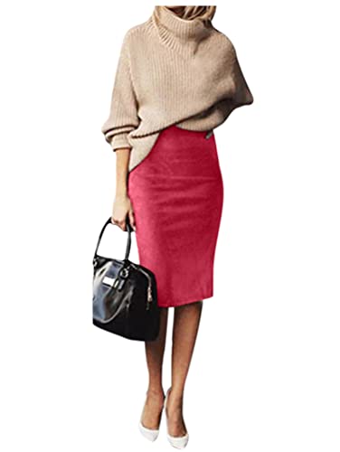 Minetom Damen Knielang Rock Hohe Taille Stretch Bodycon Partyrock Elegant Herbst Winter Wildleder Skirt Bleistiftrock Freizeitrock Midirock Rot M von Minetom