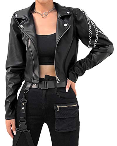 Minetom Damen Kunstleder Biker Jacke Kurz Übergangsjacke Leder Optik Bikerjacke Langarm Reißverschluss Herbst Mantel mit Kette A Schwarz M von Minetom