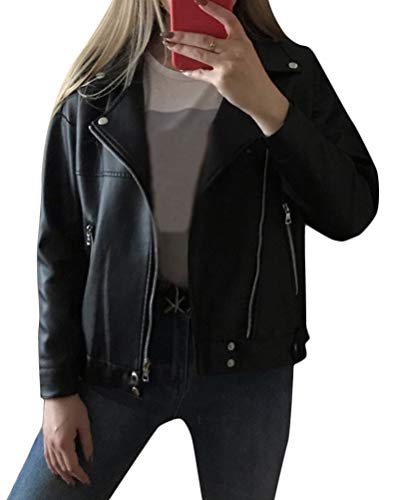 Minetom Damen Kunstleder Biker Jacke Übergangsjacke Leder Optik Bikerjacke Langarm Reißverschluss Oversized Boyfriend Herbst Mantel B Schwarz M von Minetom