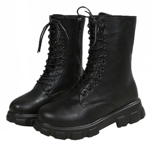 Minetom Damen Kunstleder Stiefeletten Frauen Plattform Schnürstiefel Boots Kurzschaft Stiefel zum Schnüren Bequem Schuhe mit Reißverschluss A Schwarz 41 EU von Minetom