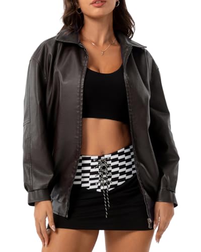 Minetom Damen Kunstlederjacke Übergangsjacke Bikerjacke Herbst Frühling PU Bomberjacke Reverskragen Langarm Boyfriend Mantel Mit Reißverschluss B Dunkelbraun L von Minetom