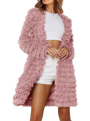 Minetom Damen Kunstpelz Langer Mantel Warm Winterjacke Elegant Langarm Fleece Winter Jacke Parka Einfarbig Plüschjacke Wintermantel A Rosa M von Minetom