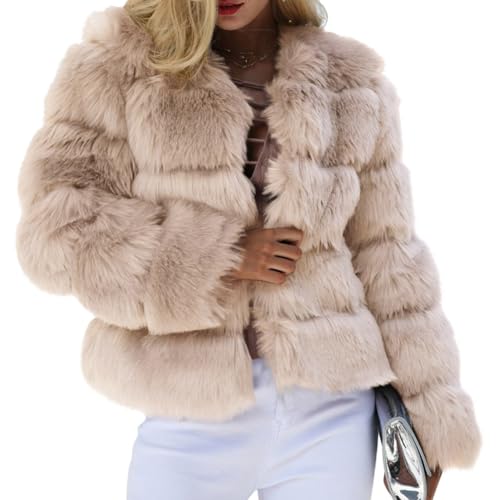 Minetom Damen Kunstpelz Mantel Kurzer Winterjacke Elegant Langarm Fleece Warm Winter Jacke Parka Plüschjacke Einfarbig Wintermantel A Beige S von Minetom