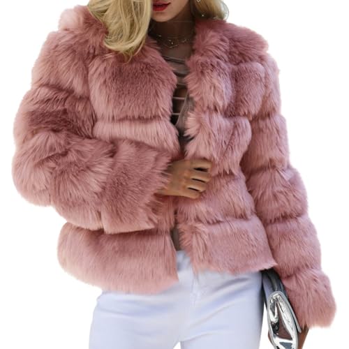 Minetom Damen Kunstpelz Mantel Kurzer Winterjacke Elegant Langarm Fleece Warm Winter Jacke Parka Plüschjacke Einfarbig Wintermantel A Dunkelrosa XS von Minetom