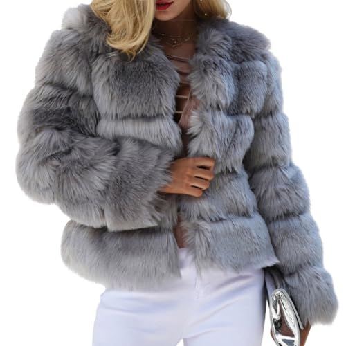 Minetom Damen Kunstpelz Mantel Kurzer Winterjacke Elegant Langarm Fleece Warm Winter Jacke Parka Plüschjacke Einfarbig Wintermantel A Hellgrau S von Minetom