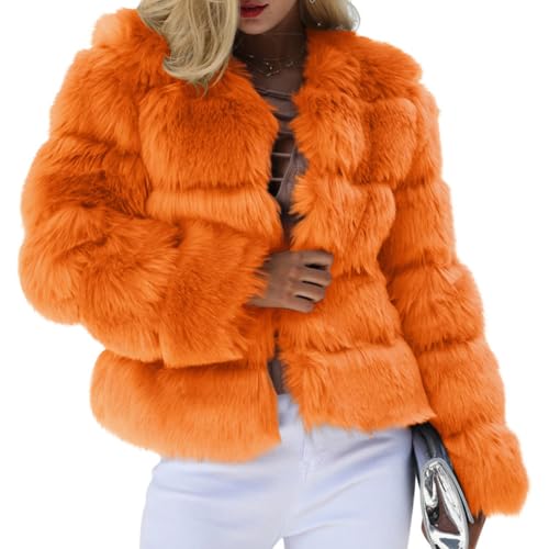 Minetom Damen Kunstpelz Mantel Kurzer Winterjacke Elegant Langarm Fleece Warm Winter Jacke Parka Plüschjacke Einfarbig Wintermantel A Orange 3XL von Minetom