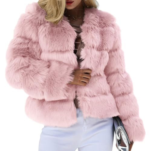 Minetom Damen Kunstpelz Mantel Kurzer Winterjacke Elegant Langarm Fleece Warm Winter Jacke Parka Plüschjacke Einfarbig Wintermantel A Rosa M von Minetom