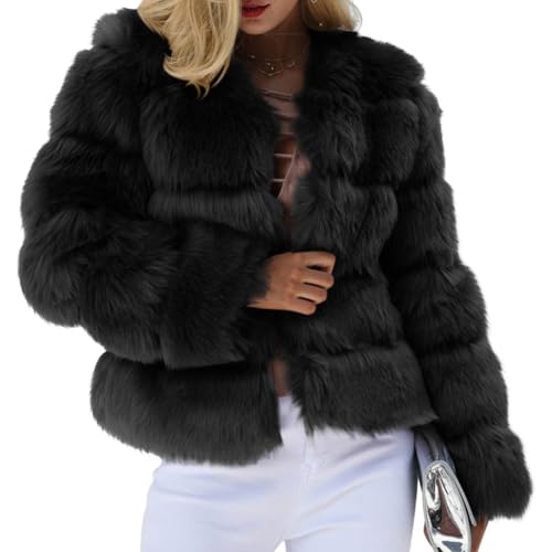 Minetom Damen Kunstpelz Mantel Kurzer Winterjacke Elegant Langarm Fleece Warm Winter Jacke Parka Plüschjacke Einfarbig Wintermantel A Schwarz XS von Minetom
