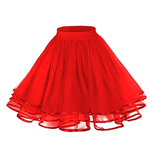 Minetom Damen Kurz Retro Rock Hohe Taille Tutu Rock Tüllrock Ballett Blase Petticoat 50Er Tutu Unterrock Tütü Minirock Reifrock Tüll Underskirt Karneval Kostüm A Rot Einheitsgröße von Minetom