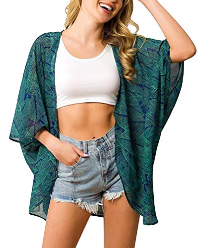 Minetom Damen Kurzarm Druck Strand Kimono Cardigan Jacke Shawl Blumen Beachwear Chiffon Böhmen Boho Sommer Bikini Cover up Stil 02 36 von Minetom