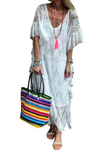 Minetom Damen Kurzarm V-Ausschnitt Retro Sommer Spitzen Strandkleid Maxi Kleider Boho Lang Lose Sommerkleid A Weiß 40 von Minetom