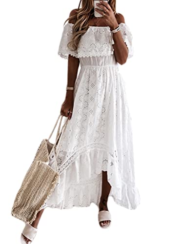 Minetom Damen Kurzarm V-Ausschnitt Retro Sommer Spitzen Strandkleid Maxi Kleider Boho Lang Lose Sommerkleid E Weiß 34 von Minetom