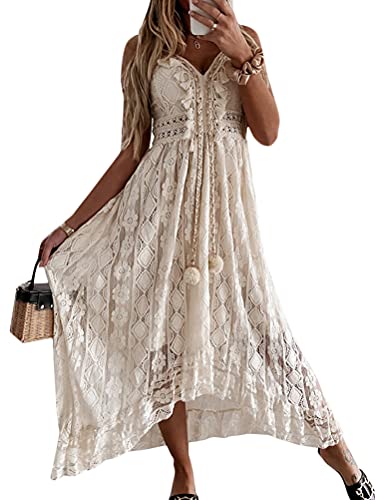 Minetom Damen Kurzarm V-Ausschnitt Retro Sommer Spitzen Strandkleid Maxi Kleider Boho Lang Lose Sommerkleid G Beige 36 von Minetom