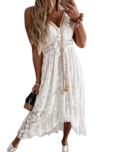 Minetom Damen Kurzarm V-Ausschnitt Retro Sommer Spitzen Strandkleid Maxi Kleider Boho Lang Lose Sommerkleid G Weiß 38 von Minetom