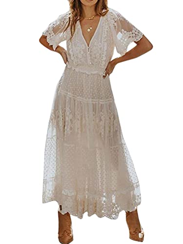 Minetom Damen Kurzarm V-Ausschnitt Retro Sommer Spitzen Strandkleid Maxi Kleider Boho Lang Lose Sommerkleid J Weiß 38 von Minetom