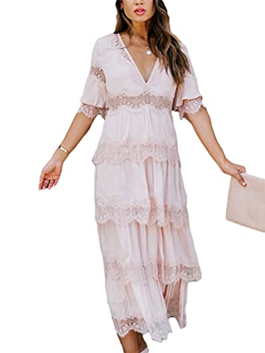 Minetom Damen Kurzarm V-Ausschnitt Retro Sommer Spitzen Strandkleid Maxi Kleider Boho Lang Lose Sommerkleid L Rosa 36 von Minetom