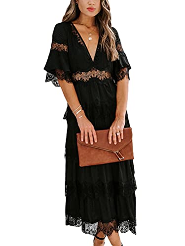 Minetom Damen Kurzarm V-Ausschnitt Retro Sommer Spitzen Strandkleid Maxi Kleider Boho Lang Lose Sommerkleid L Schwarz 34 von Minetom