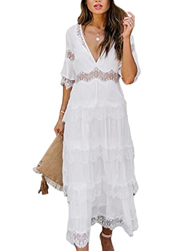 Minetom Damen Kurzarm V-Ausschnitt Retro Sommer Spitzen Strandkleid Maxi Kleider Boho Lang Lose Sommerkleid L Weiß 42 von Minetom