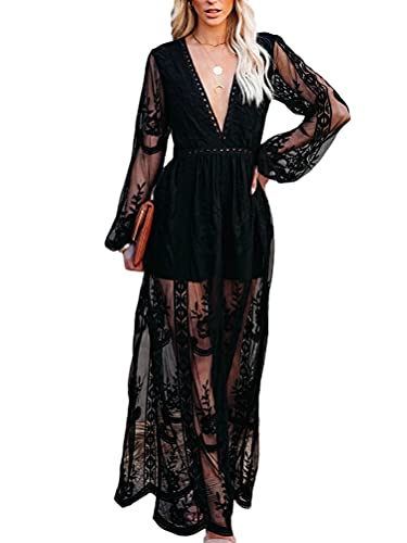 Minetom Damen Kurzarm V-Ausschnitt Retro Sommer Spitzen Strandkleid Maxi Kleider Boho Lang Lose Sommerkleid M Schwarz 40 von Minetom