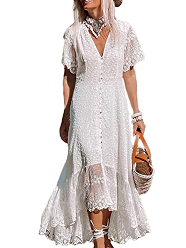 Minetom Damen Kurzarm V-Ausschnitt Retro Sommer Spitzen Strandkleid Maxi Kleider Boho Lang Lose Sommerkleid O Weiß 40 von Minetom