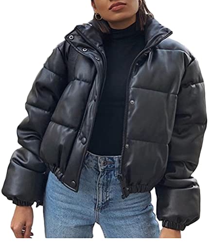 Minetom Damen Kurze Lederjacke PU-Leder Mantel Teenager Mädchen Jacke Langarm Warm Winddicht Stehkragen Winterjacke Steppjacke Parka 1 A Schwarz L von Minetom