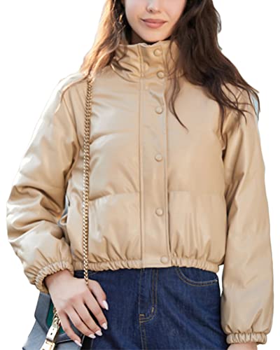Minetom Damen Kurze Lederjacke PU-Leder Mantel Teenager Mädchen Jacke Langarm Warm Winddicht Stehkragen Winterjacke Steppjacke Parka A Khaki S von Minetom