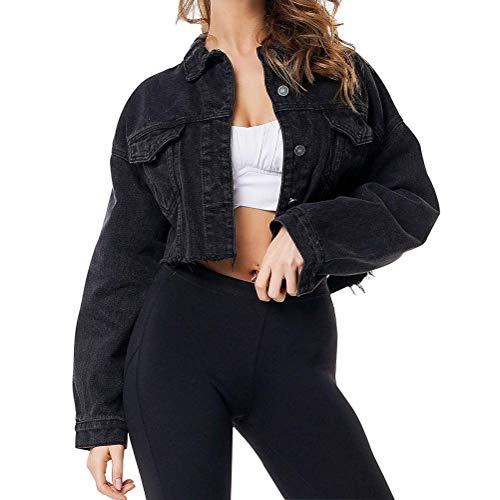 Minetom Damen Kurze Oversize Jeansjacke mit Rissen und Ausgefranstem Saum Frauen Stretch Denim Jacke Knopf Mantel Crop Top A Schwarz 38 von Minetom