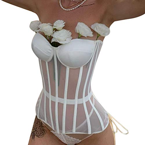 Minetom Damen Lace Up Waist Corsage Korsett Push Up Top Slim Dessous Bustiers Clubwear Mieder Spitze Durchsichtig Unterbrustkorsett Korsagen B Weiß M von Minetom