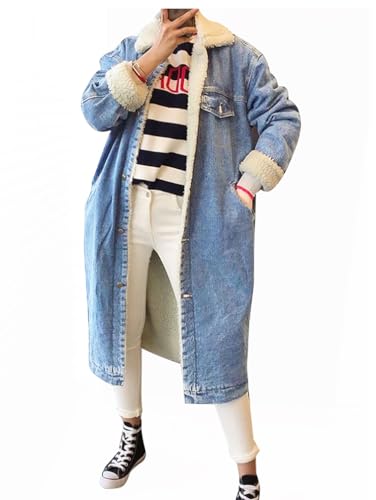 Minetom Damen Lang Mantel Winterjacke Jeansjacke Denim Jeans Warm Verdicken Plüsch Fleece Gefüttert Parka Jacke Lange Outwear A Blau L von Minetom