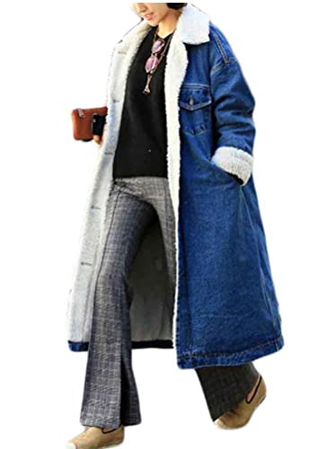 Minetom Damen Lang Mantel Winterjacke Jeansjacke Denim Jeans Warm Verdicken Plüsch Fleece Gefüttert Parka Jacke Lange Outwear A Dunkelblau S von Minetom