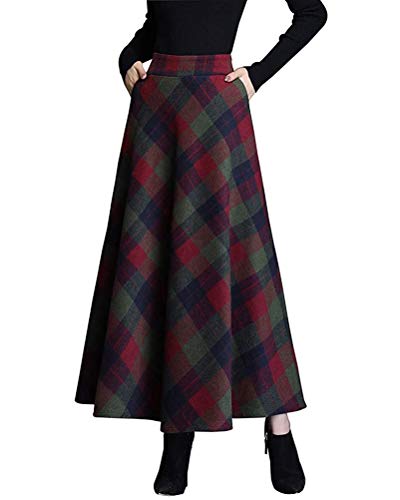 Minetom Damen Lang Rock Winter Warm Wollrock Vintage Elegante Gitter Rock Casual Winterrock Elastische Taille A-Linie Midi Rock Hohe Taille Rock Faltenrock C Grün Rot XL von Minetom