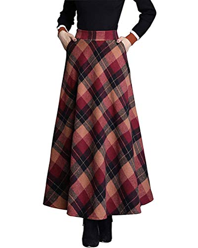 Minetom Damen Lang Rock Winter Warm Wollrock Vintage Elegante Gitter Rock Casual Winterrock Elastische Taille A-Linie Midi Rock Hohe Taille Rock Faltenrock C Rot S von Minetom