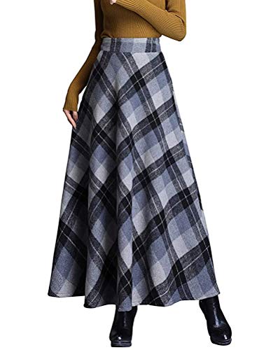 Minetom Damen Lang Rock Winter Warm Wollrock Vintage Elegante Gitter Rock Casual Winterrock Elastische Taille A-Linie Midi Rock Hohe Taille Rock Faltenrock C Schwarz S von Minetom
