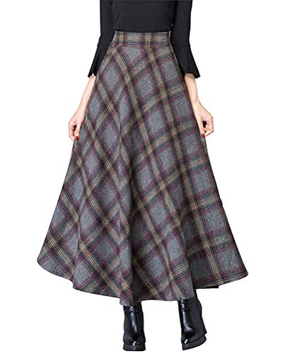 Minetom Damen Lang Rock Winter Warm Wollrock Vintage Elegante Gitter Rock Casual Winterrock Elastische Taille A-Linie Midi Rock Hohe Taille Rock Faltenrock E Grau S von Minetom