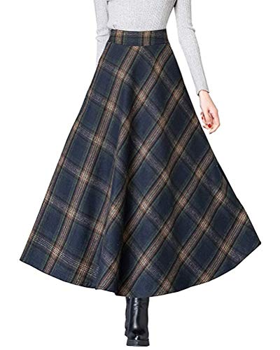 Minetom Damen Lang Rock Winter Warm Wollrock Vintage Elegante Gitter Rock Casual Winterrock Elastische Taille A-Linie Midi Rock Hohe Taille Rock Faltenrock E Marine S von Minetom