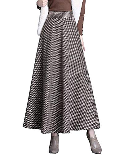 Minetom Damen Lang Rock Winter Warm Wollrock Vintage Elegante Gitter Rock Casual Winterrock Elastische Taille A-Linie Midi Rock Hohe Taille Rock Faltenrock F Khaki S von Minetom