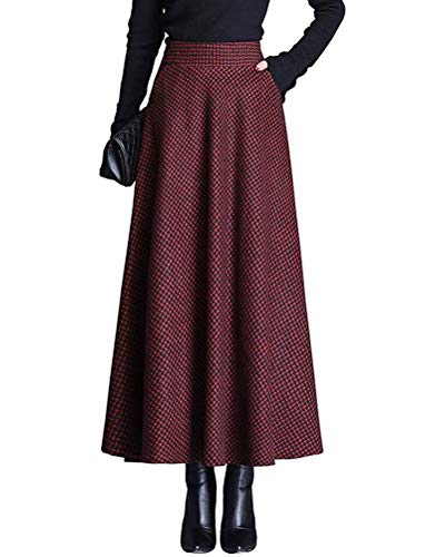 Minetom Damen Lang Rock Winter Warm Wollrock Vintage Elegante Gitter Rock Casual Winterrock Elastische Taille A-Linie Midi Rock Hohe Taille Rock Faltenrock F Rot XL von Minetom