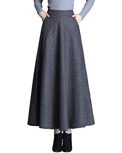 Minetom Damen Lang Rock Winter Warm Wollrock Vintage Elegante Gitter Rock Casual Winterrock Elastische Taille A-Linie Midi Rock Hohe Taille Rock Faltenrock F Schwarz S von Minetom