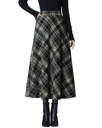 Minetom Damen Lang Rock Winter Warm Wollrock Vintage Elegante Gitter Rock Casual Winterrock Elastische Taille A-Linie Midi Rock Hohe Taille Rock Faltenrock G Schwarz XL von Minetom